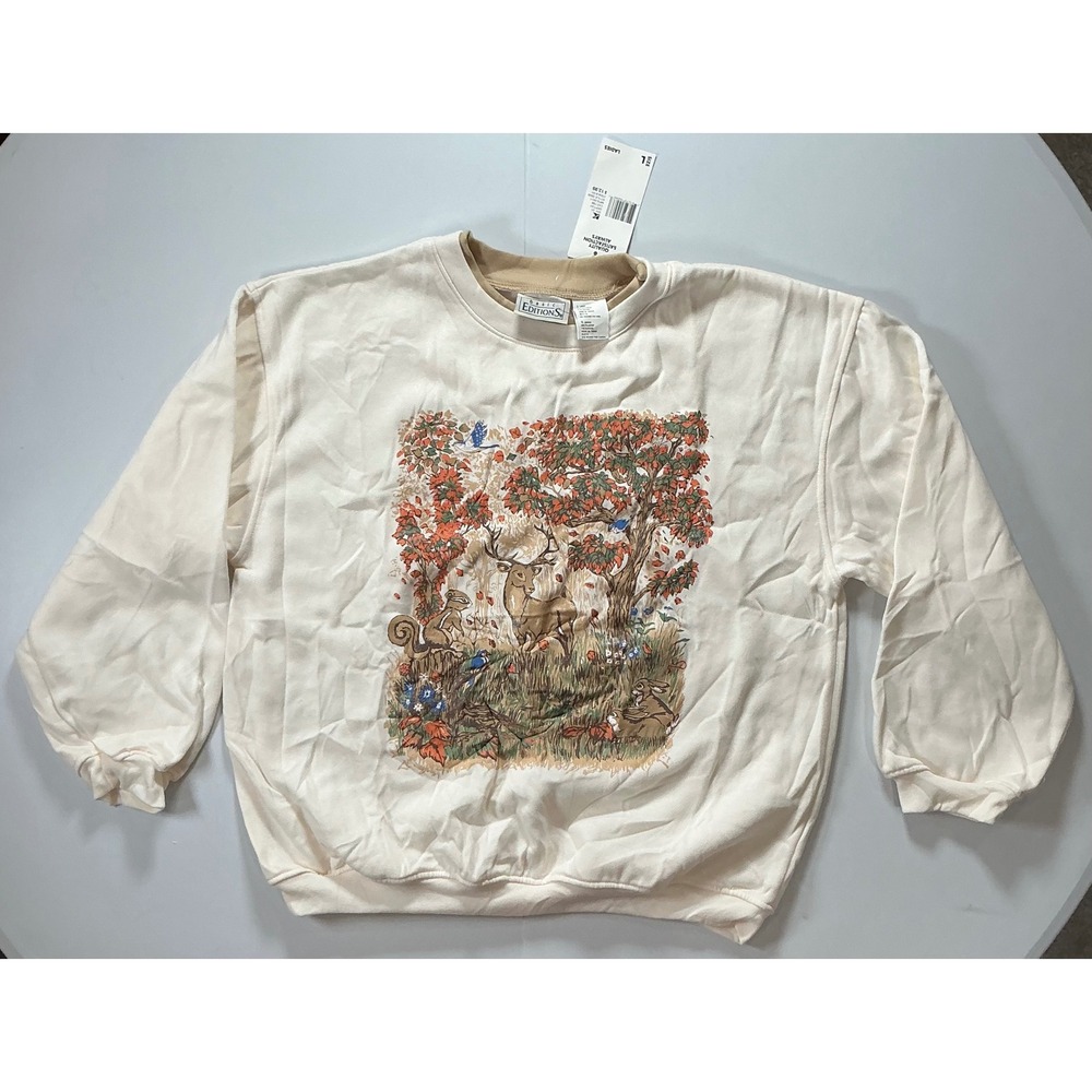 VTG 90s Fall Autumn Cottagecore Granny Sweatshirt Deer Woodland Women L NWT